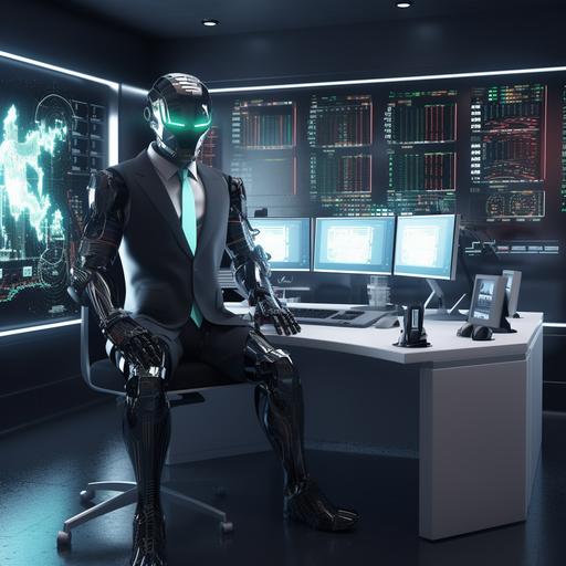 AI Robot wearing suit and with 3 monitor displat chart forex . design 3D. 4k. ratio 1:1000