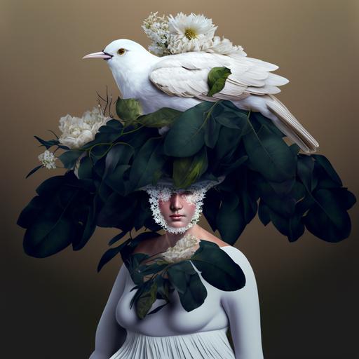 photorealistic 30 year old woman with masking mouth wearing a huge white bird as a hat, spread wings, woman body full of flowers and branches --s 250