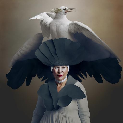 photorealistic middle age woman without face with masking mouth wearing a huge white bird as a hat, spread wings --s 250