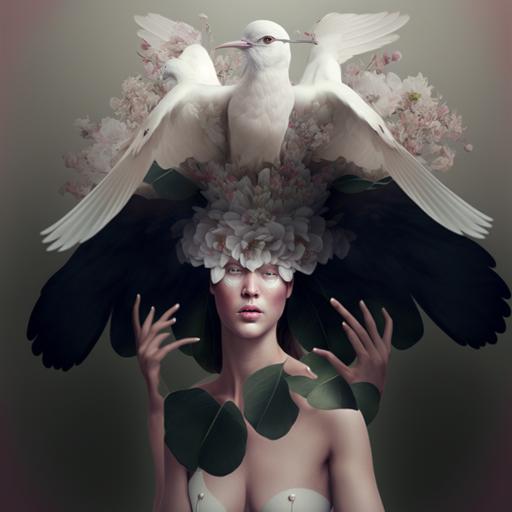 ultra 4k photorealistic 30 year old woman with masking mouth wearing a huge white bird as a hat, spread wings, woman body full of flowers and branches --s 250