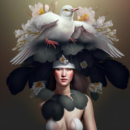 ultra 4k photorealistic 30 year old woman with masking mouth wearing a huge white bird as a hat, spread wings, woman body full of flowers and branches --s 250