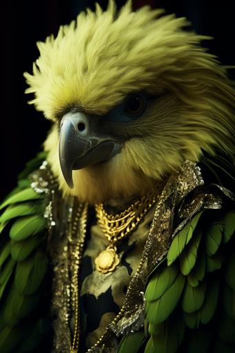kakapo femfatale wearing latest line of haute couture luxe versace bird wear, green feather boa, golden metal beak, cinematic lighting --ar 2:3