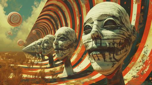kalediscropic memes striped with multiple color pallettes, embossed from speed run of uncanny smile stretching across contorted faces. Many whole grownass people pale white masks are worn upside down. Crop circles lollygagging in the distance --ar 16:9 --v 6.0 --s 250
