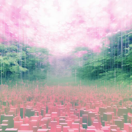 kaleidoscopic calming lush hazy glade scene, glitching simulation broken scan-lines, dead pixel rain, blurred distorted artifacting color blocking, sage green and pink pixels