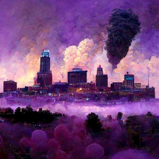 kansas city skyline viewed from above, being destroyed by large purple cupcake monster, creepy, smoke, realistic