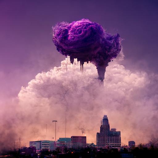 kansas city skyline viewed from above, giant purple cupcake monster destroying city, apocalypse, creepy, smoke in the distance, realistic, octane render,