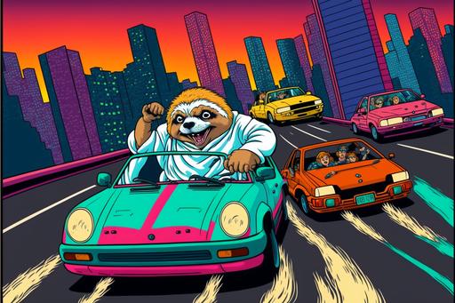 karate sloths chasing criminals in cars. cartoon, 1980s animation, 1990s animation, Disney animation, DreamWorks animation. colorful, bright --q 2 --v 4 --ar 3:2