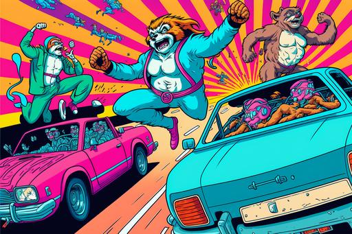 karate sloths chasing criminals in cars. cartoon, 1980s animation, 1990s animation, Disney animation, DreamWorks animation. colorful, bright --q 2 --v 4 --ar 3:2