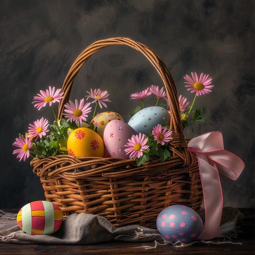a realistic photograph of a wooden Easter basket with brightly colored decorated Easter eggs, pink flowers, and a pink ribbon, studio lighting, charcoal gray background