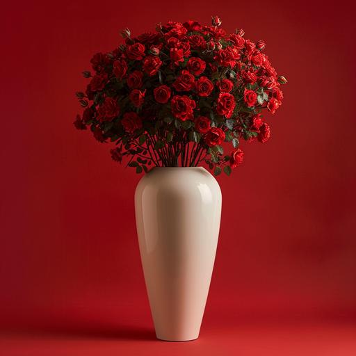 realistic photograph of a tall white ceramic container filled with a beautiful red rose bush, studio lighting with key light on the left of the image and moderate shadow on the right side of the image, plain medium red background.