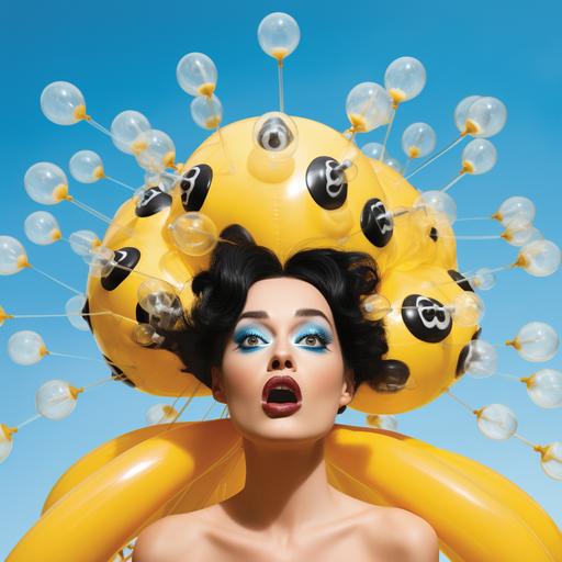 katy perry with a giant oversized inflatable head, being attacked by needle bees trying to pop it, large balloon head, massive forehead, surreal photo of thunderbird bees