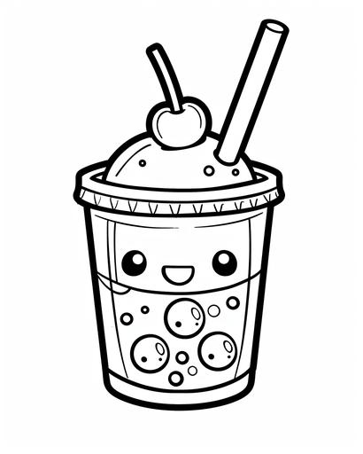 kawaii bubble tea with happy face, coloring page for girls aged 12 plus, thick lines, black and white, no shading --ar 4:5 --v 6.0