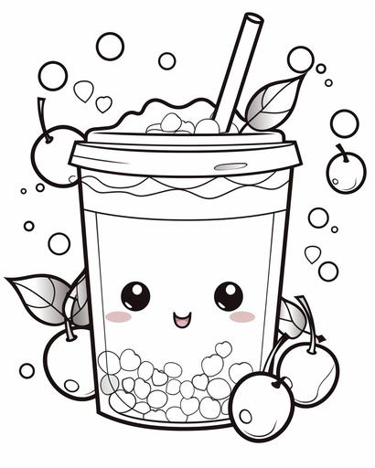 kawaii bubble tea with happy face, coloring page for girls aged 12 plus, thick lines, black and white, no shading --ar 4:5