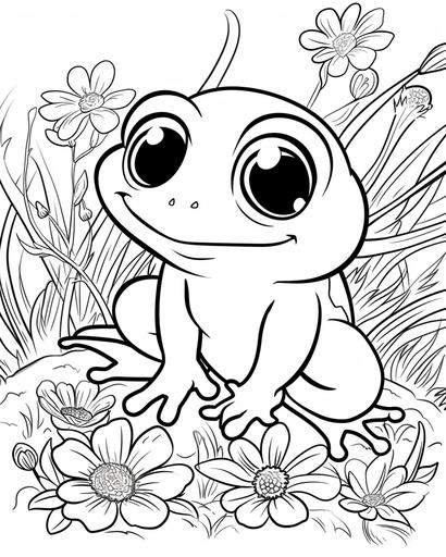kawaii frog, coloring page for girls aged 12 plus, thick lines, black and white, no shading --ar 4:5 --v 6.0