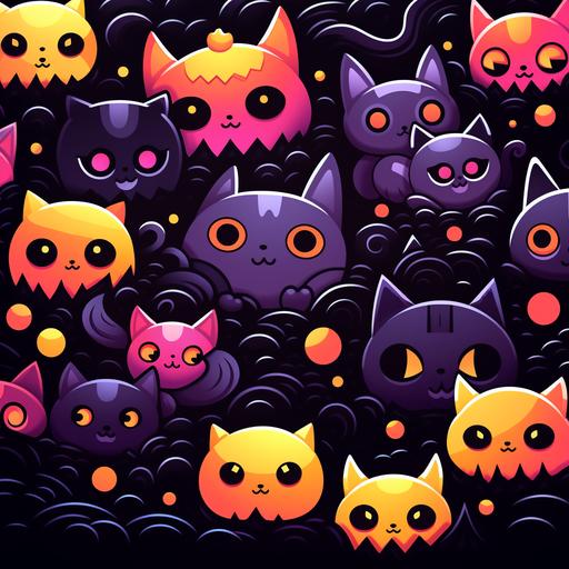 kawaii, glowing outlines, pattern, halloween, cats, bats, creepy