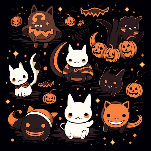 kawaii, glowing outlines, pattern, halloween, cats, bats, creepy
