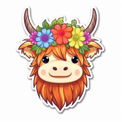 kawaii highland cow cartoon with rainbow flower crown on head sticker on white background