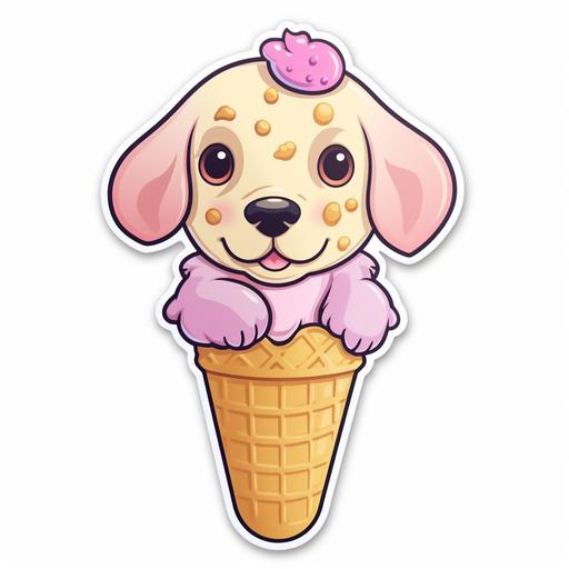 kawaii ice cream cone cartoon with pink dog as ice cream sticker on white background