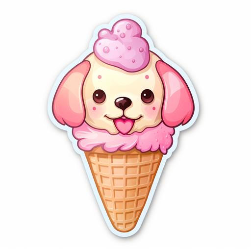 kawaii ice cream cone cartoon with pink dog as ice cream sticker on white background