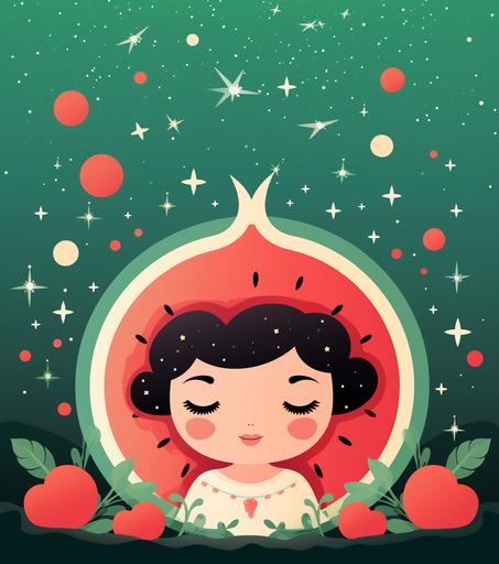 kawaii omama watson face, big watermelon, red pomegranate, slurpee vector illustration, in the style of nightscapes, celebration of rural life, vibrant stage backdrops, minimalist still lifes, graceful balance, flat figures, high quality photo