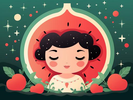 kawaii omama watson face, big watermelon, red pomegranate, slurpee vector illustration, in the style of nightscapes, celebration of rural life, vibrant stage backdrops, minimalist still lifes, graceful balance, flat figures, high quality photo --ar 4:3