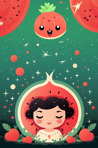 kawaii omama watson face, big watermelon, red pomegranate, slurpee vector illustration, in the style of nightscapes, celebration of rural life, vibrant stage backdrops, minimalist still lifes, graceful balance, flat figures, high quality photo