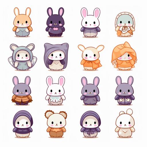 kawaii rabbit in halloween costumes clipart pastel color, no shadows, white background