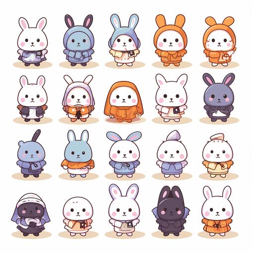 kawaii rabbit in halloween costumes clipart pastel color, no shadows, white background