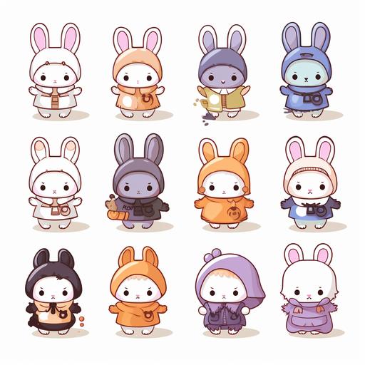 kawaii rabbit in halloween costumes clipart pastel color, no shadows, white background