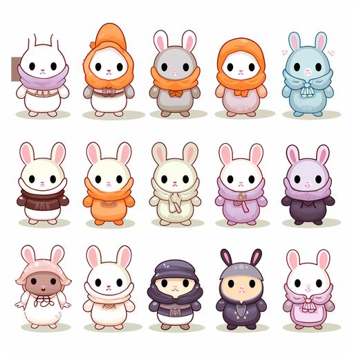 kawaii rabbit in halloween costumes clipart pastel color, no shadows, white background