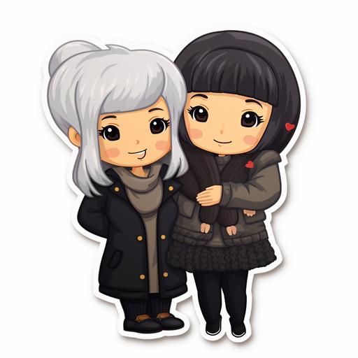 kawaii sticker high fashion asian girl black bob haircut with blunt bangs hugging asian grandma with grey hair
