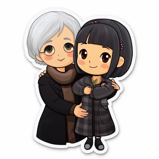 kawaii sticker high fashion asian girl black bob haircut with blunt bangs hugging asian grandma with grey hair