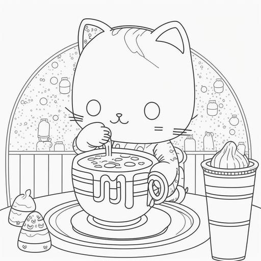 kawaii style cat drinking from a saucer of milk in a cozy cafe for coloring page with crisp lines and white background ar 17:22