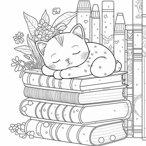kawaii style cat sleeping on a stack of books in a cozy cafe for coloring page with crisp lines and white background ar 17:22