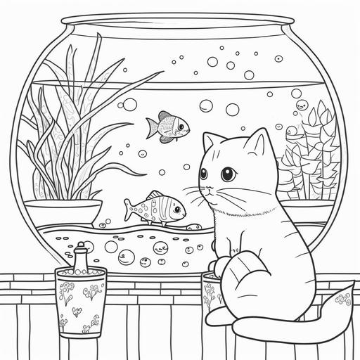 kawaii style cat watching fish in an aquarium in a cozy cafe for coloring page with crisp lines and white background ar 17:22