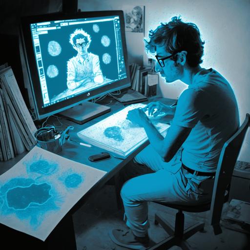 nerd sitting on computer making cyanotype prompts