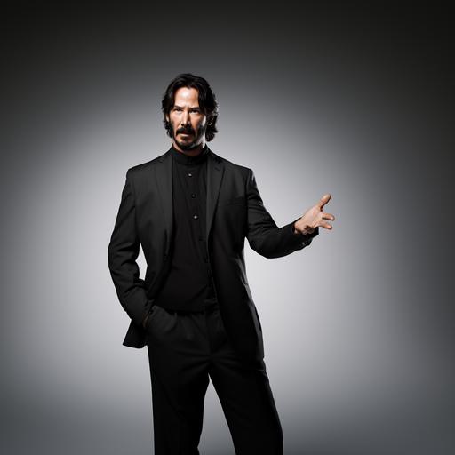 keanu reeves is inside a flat white background, just like in the movie 'the matrix' where morpheus explains takes him into a simulation program. keanu is looking sharp, clean and official, he is walking towards the camera, little smile on his face, speaking, waving his left arm up, posing a question to the audience, looking directly at the viewer, his entire body fits the image, we can see his shoes, he is mostly in the left side of the frame, the right side being empty. visually, it is a screenshot taken from a movie.