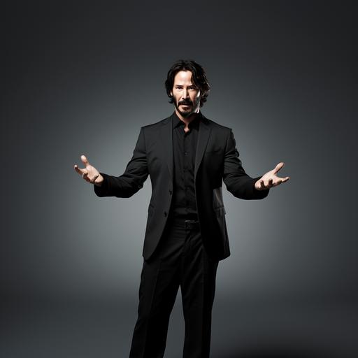 keanu reeves is inside a flat white background, just like in the movie 'the matrix' where morpheus explains takes him into a simulation program. keanu is looking sharp, clean and official, he is walking towards the camera, little smile on his face, speaking, waving his left arm up, posing a question to the audience, looking directly at the viewer, his entire body fits the image, we can see his shoes, he is mostly in the left side of the frame, the right side being empty. visually, it is a screenshot taken from a movie.