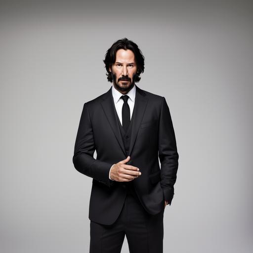 keanu reeves is inside a white background, there are hardly any shadows or gradients in the background. keanu is looking sharp, clean and official, he is walking towards the camera, little smile on his face, speaking, posing a question to the audience - slightly raising his left arm, elbow facing down, palm facing up. he is looking directly at the viewer, we can see his entire body all the way down to his shoes. visually, it is a screenshot from a movie.