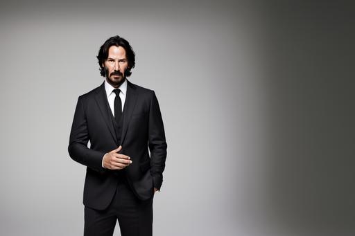 keanu reeves is inside a white background, there are hardly any shadows or gradients in the background. keanu is looking sharp, clean and official, he is walking towards the camera, little smile on his face, speaking, posing a question to the audience - slightly raising his left arm, elbow facing down, palm facing up. he is looking directly at the viewer, we can see his entire body all the way down to his shoes. visually, it is a screenshot from a movie.