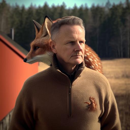 keep original image, mount a fox hanging on the mans back, the fox looking forward on the left side of the man's head, make the image believable