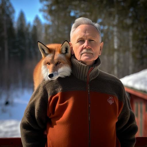 keep the man's face the same as the original photo, mount a fox hanging on the mans back, it is a live fox, the fox has its front legs around the man's neck, the fox rests its head on the man's left shoulder, the man and the fox both look straight into the camera, the background is pine trees with snow, make the image believable