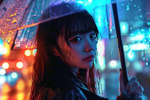 keiko, japanese girl, holding umbrella, neon rain, evening, photorealistic, light on clothes, artistic, vivid color tone --ar 3:2 --v 6.0