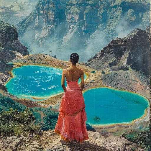 kelimutu, three turkis lakes being watched by an indonesian woman in a pink dress, kaspar david friedrich style