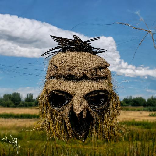 burlap scarecrow head, background is tall grass, Ravens in the sky, photorealistic, epic, trending on artstation