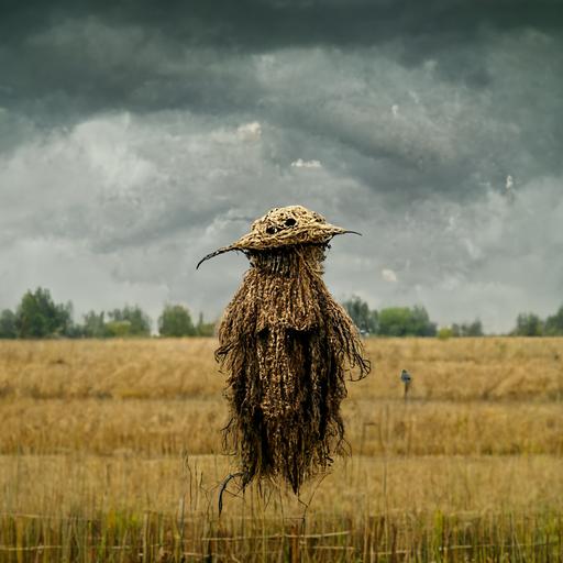 burlap scarecrow head, background is tall grass, Ravens in the sky, photorealistic, epic, trending on artstation