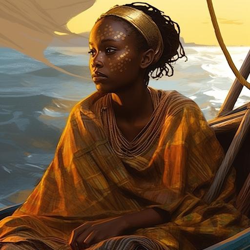 kenyan girl or girls, hyper realistic, super detailed, in a boat, day scene, in the sea, female, illustration, kids, realistic, detailed, colorful, wearing a survival gold metalic blanket, over the sea, fantasy concept art, colorful, concept reference sheet, digital painting, by mike mignola, by ian mcque, by Craig Mullins , by Scott Robertson. A Daniel Nicolaevsky Maria artwork --v 5.1 --s 750