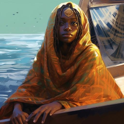 kenyan girl or girls, hyper realistic, super detailed, in a boat, day scene, in the sea, female, illustration, kids, realistic, detailed, colorful, wearing a survival gold metalic blanket, over the sea, fantasy concept art, colorful, concept reference sheet, digital painting, by mike mignola, by ian mcque, by Craig Mullins , by Scott Robertson. A Daniel Nicolaevsky Maria artwork --v 5.1 --s 750