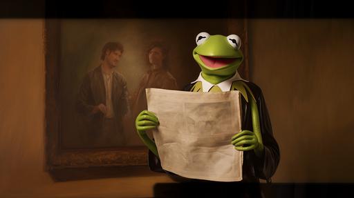 kermit the frog holding a painting of an elephat --ar 16:9
