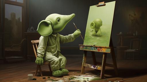 kermit the frog painting an elephant --ar 16:9